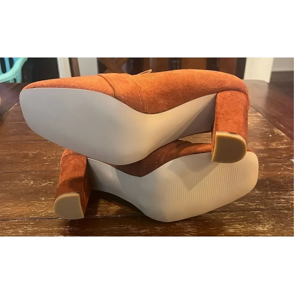 YDN Women Chunky High Heels Square Toe Loafers Shoes Slip On Suede